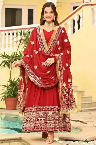 Red Faux Blooming Embroidered Gown for Women with Zari & Sequins Work | Matching Embroidered Dupatta