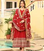 Red Faux Blooming Embroidered Gown for Women with Zari & Sequins Work | Matching Embroidered Dupatta