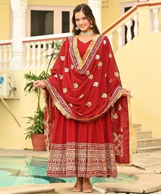 Red Faux Blooming Embroidered Gown for Women with Zari & Sequins Work | Matching Embroidered Dupatta 2