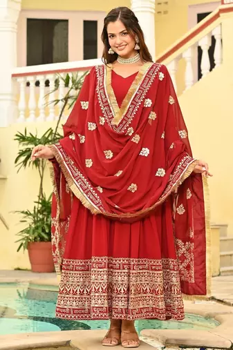 Red Faux Blooming Embroidered Gown for Women with Zari & Sequins Work | Matching Embroidered Dupatta