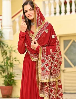 Red Faux Blooming Embroidered Gown for Women with Zari & Sequins Work | Matching Embroidered Dupatta 3