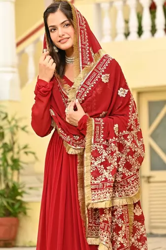 Red Faux Blooming Embroidered Gown for Women with Zari & Sequins Work | Matching Embroidered Dupatta