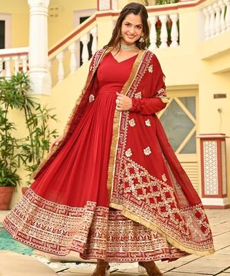 Red Faux Blooming Embroidered Gown for Women with Zari & Sequins Work | Matching Embroidered Dupatta 4