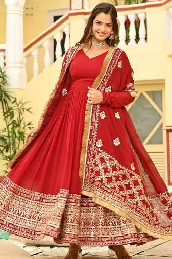 Red Faux Blooming Embroidered Gown for Women with Zari & Sequins Work | Matching Embroidered Dupatta