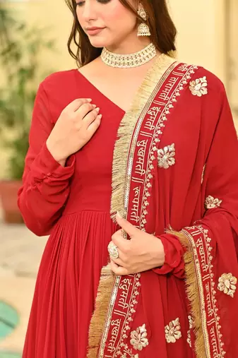 Red Faux Blooming Embroidered Gown for Women with Zari & Sequins Work | Matching Embroidered Dupatta