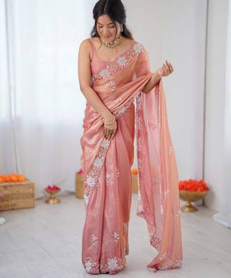 peach chiffon graceful embroidered saree 1