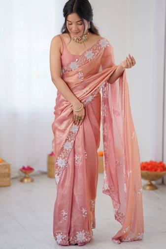 peach color chiffon graceful embroidered bollywood saree
