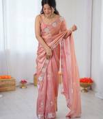 peach color chiffon graceful embroidered bollywood saree