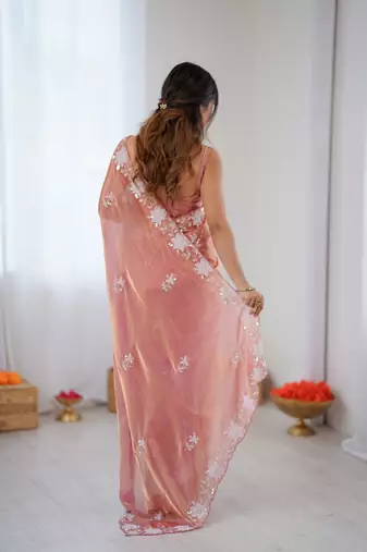 peach chiffon graceful embroidered saree