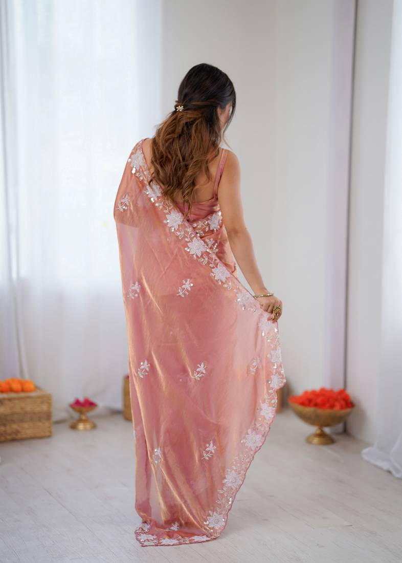 peach color chiffon graceful embroidered bollywood saree