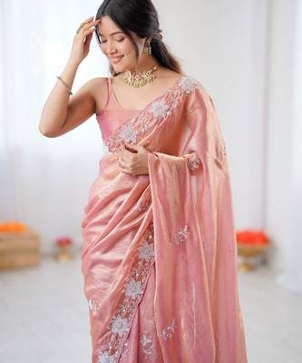 peach chiffon graceful embroidered saree 4