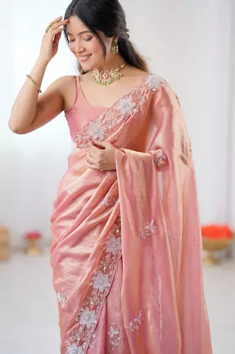 peach chiffon graceful embroidered saree
