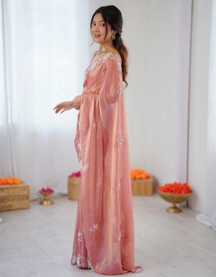peach chiffon graceful embroidered saree 5
