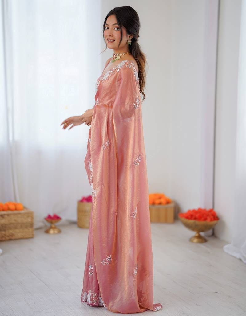 peach color chiffon graceful embroidered bollywood saree