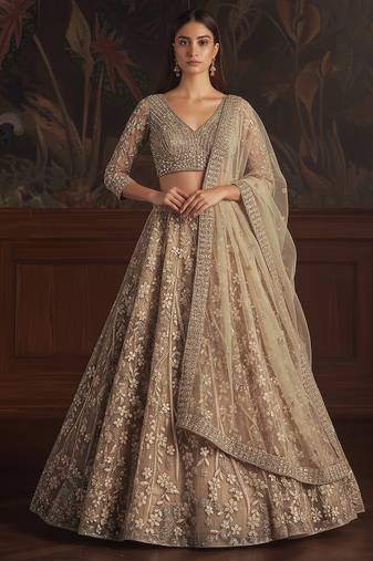 Colorful Golden Fancy Embroidered, Dori Embroidered, Sequins Studded, Zircon Diamond Studded Net lehenga choli