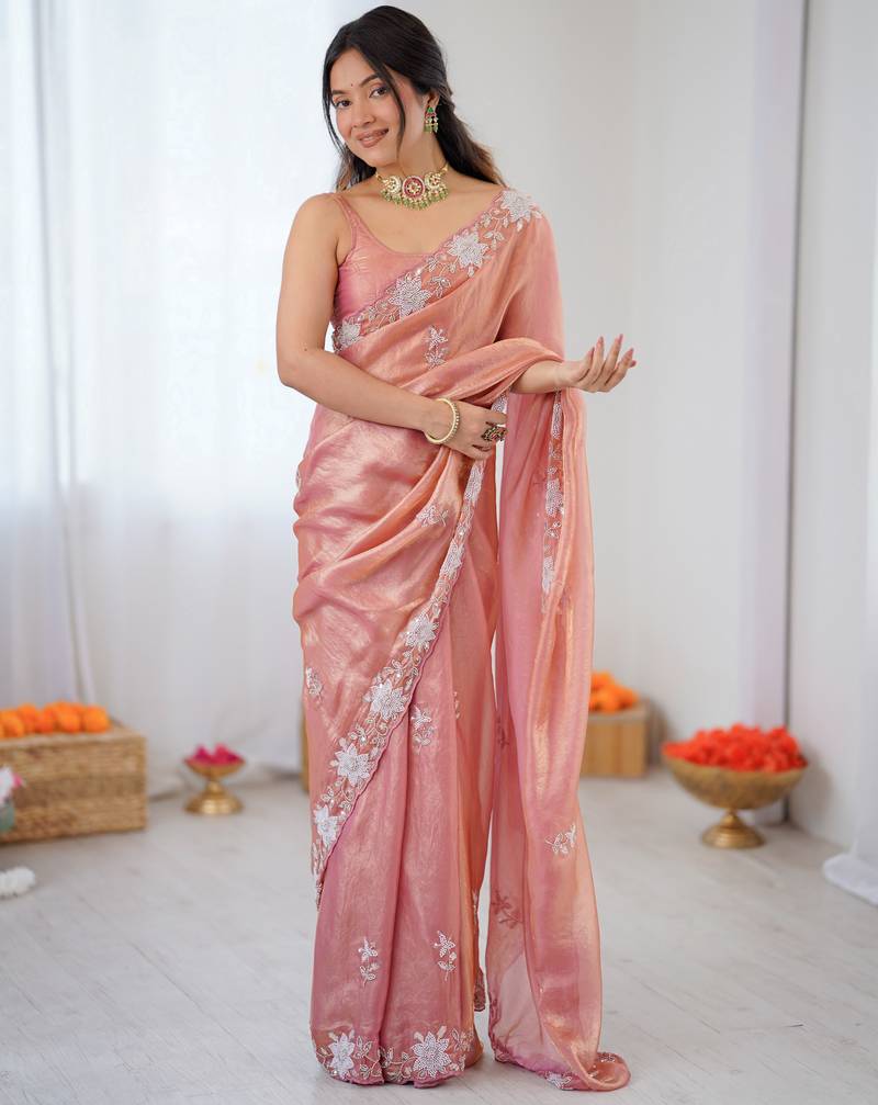 peach color chiffon graceful embroidered bollywood saree