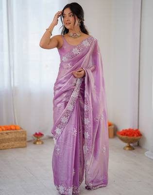 purple chiffon graceful embroidered saree 1
