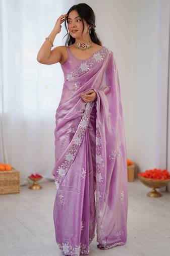 purple color chiffon graceful embroidered bollywood saree