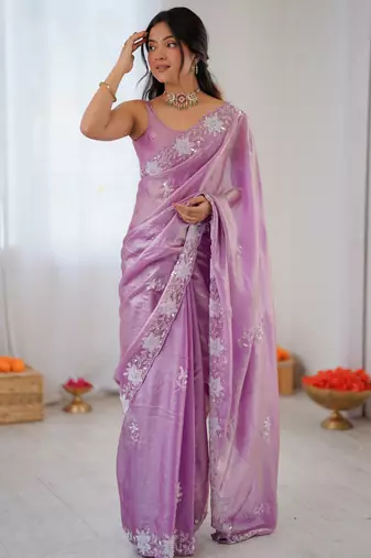 purple color chiffon graceful embroidered bollywood saree