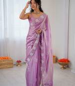 purple color chiffon graceful embroidered bollywood saree
