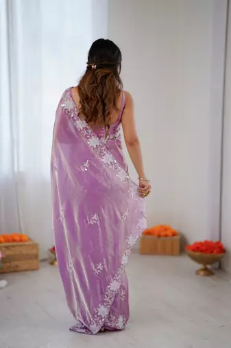 purple chiffon graceful embroidered saree