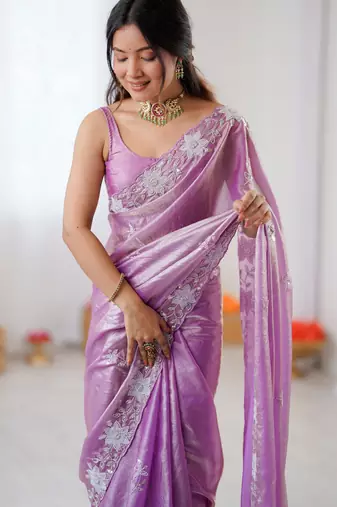 purple chiffon graceful embroidered saree