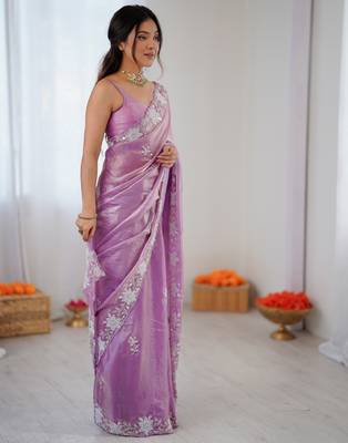 purple chiffon graceful embroidered saree 5