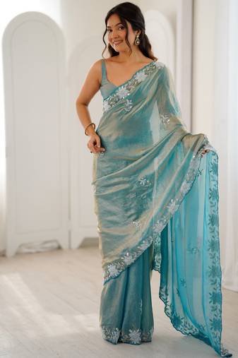sea green color chiffon graceful embroidered bollywood saree