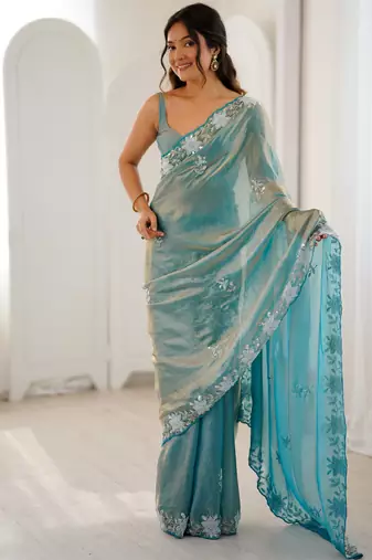 sea green color chiffon graceful embroidered bollywood saree