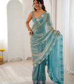 sea green color chiffon graceful embroidered bollywood saree