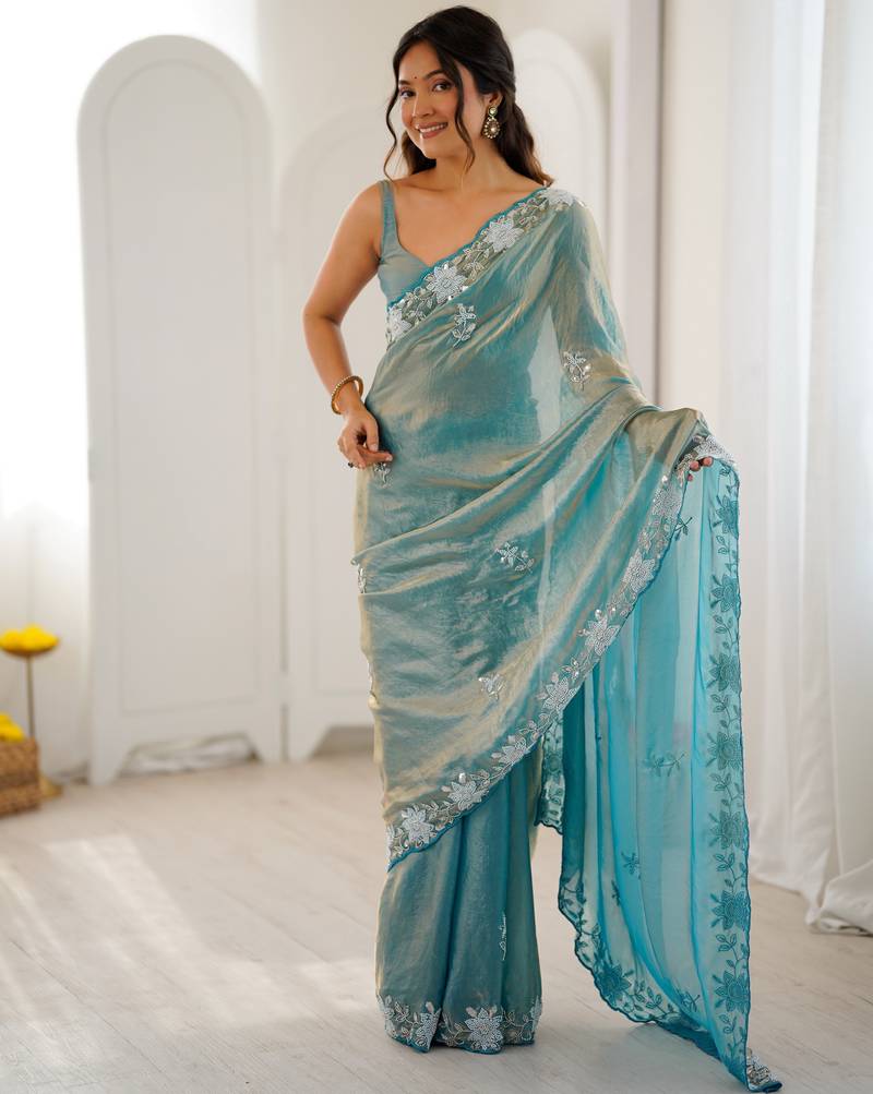 sea green color chiffon graceful embroidered bollywood saree