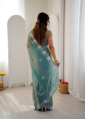 sea green chiffon graceful embroidered saree 3
