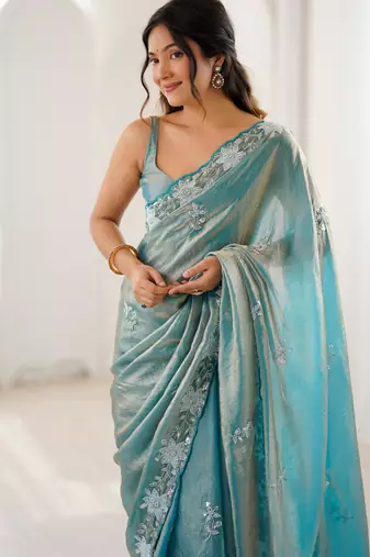 sea green chiffon graceful embroidered saree