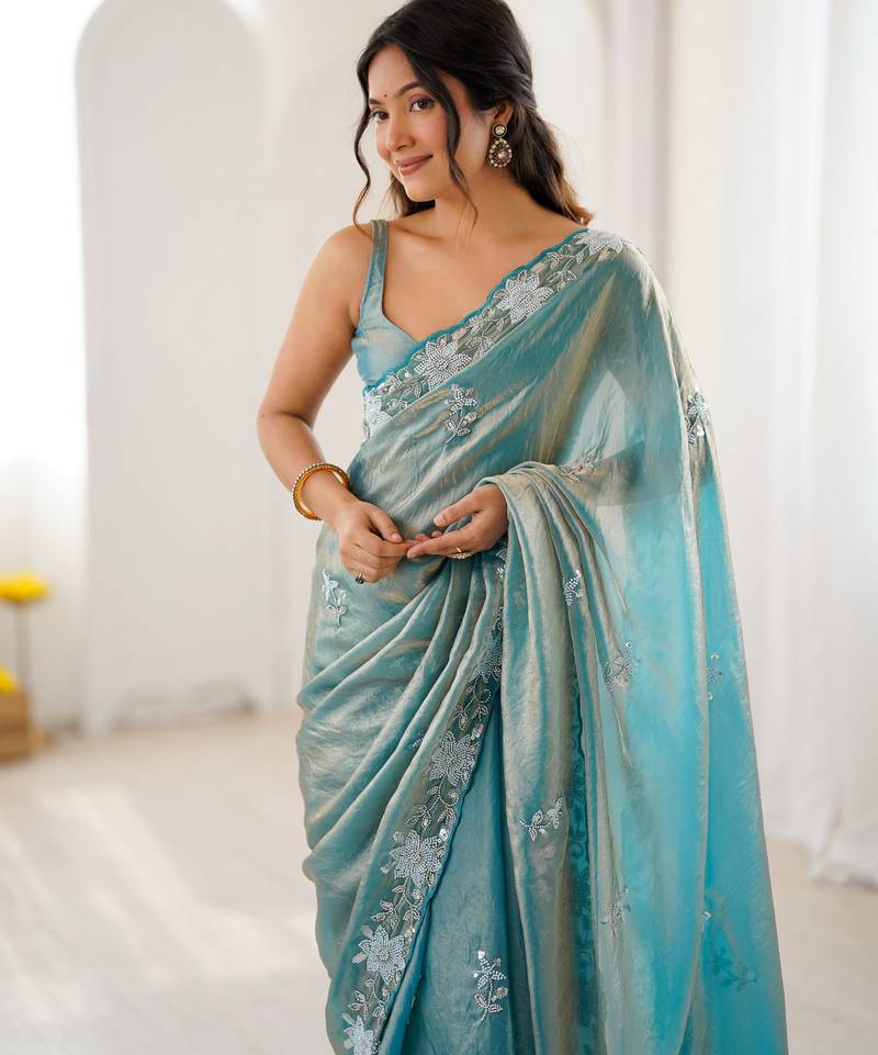 sea green color chiffon graceful embroidered bollywood saree