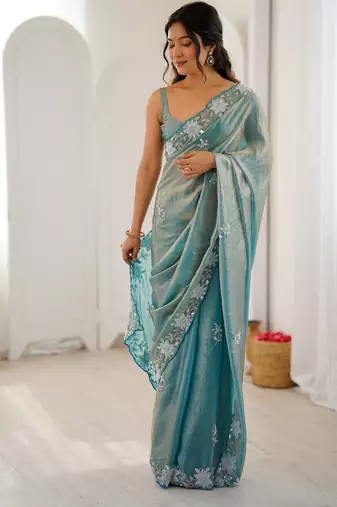 sea green chiffon graceful embroidered saree