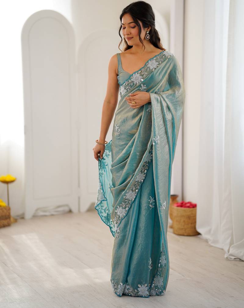 sea green color chiffon graceful embroidered bollywood saree