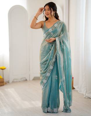 sea green chiffon graceful embroidered saree 6