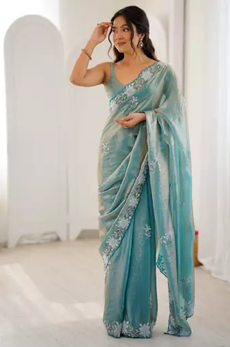 sea green chiffon graceful embroidered saree