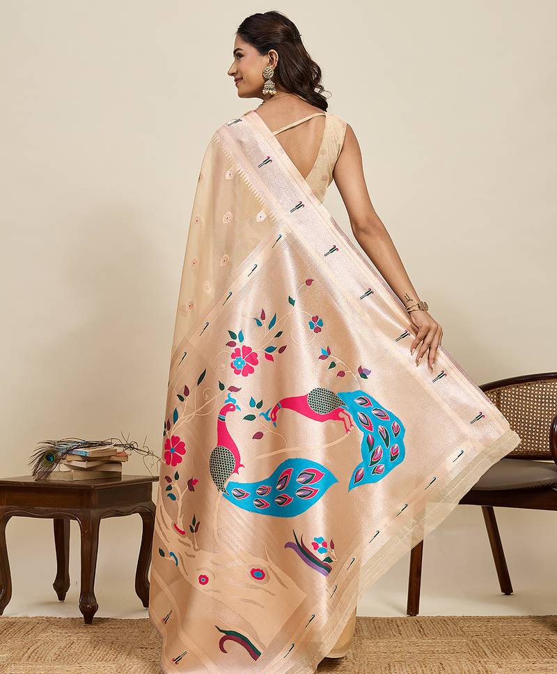 Beige color cotton art silk fabric wevon meenakari designer ceremonial saree