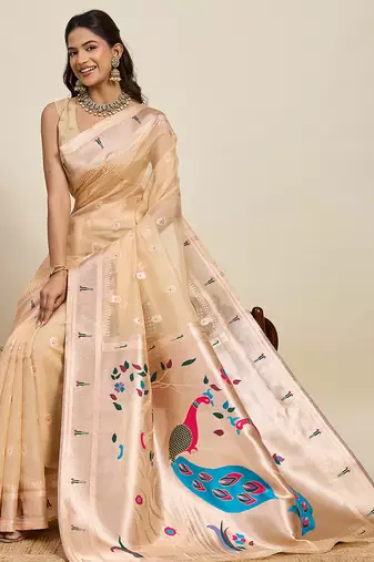 Beige cotton art silk blend wevon meenakari ceremonial saree