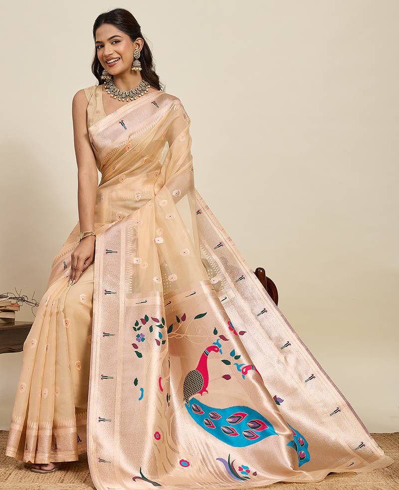 Beige color cotton art silk fabric wevon meenakari designer ceremonial saree