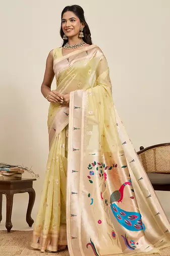 yeloow color cotton art silk fabric wevon meenakari designer ceremonial saree