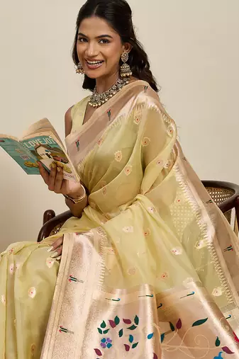 yeloow cotton art silk blend wevon meenakari ceremonial saree