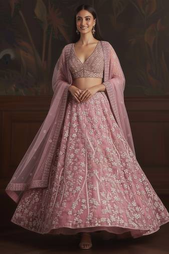 Attractive Pink Fancy Embroidered, Dori Embroidered, Sequins Studded, Zircon Diamond Studded Net Lehenga Choli