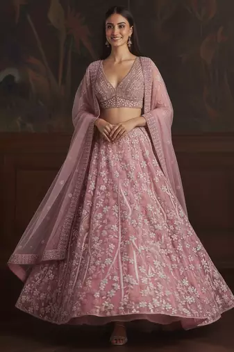 Attractive Pink Fancy Embroidered, Dori Embroidered, Sequins Studded, Zircon Diamond Studded Net Lehenga Choli