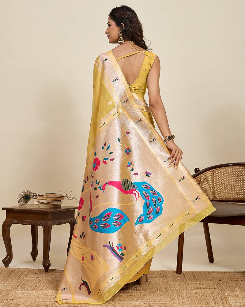 mustard color cotton art silk fabric wevon meenakari designer ceremonial saree