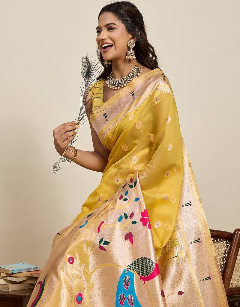 mustard color cotton art silk fabric wevon meenakari designer ceremonial saree