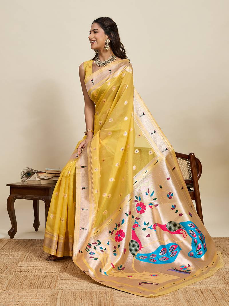 mustard color cotton art silk fabric wevon meenakari designer ceremonial saree