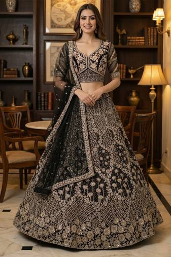 Captivating Black Double net Crafted, Dori, Multi thread, Sequence Embroidered Double Net Crafted Wedding Lehenga Choli
