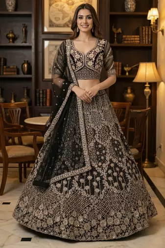 Captivating Black Double net Crafted, Dori, Multi thread, Sequence Embroidered Double Net Crafted Wedding Lehenga Choli